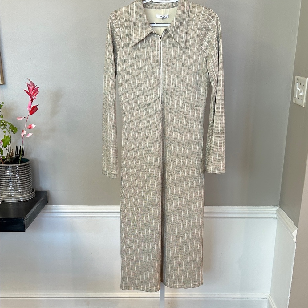 Chic Beige Long Sleeve Dress with Stripes